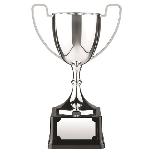 12" Nickel plated Straight Handled Cup on black heavyweight bakelite base