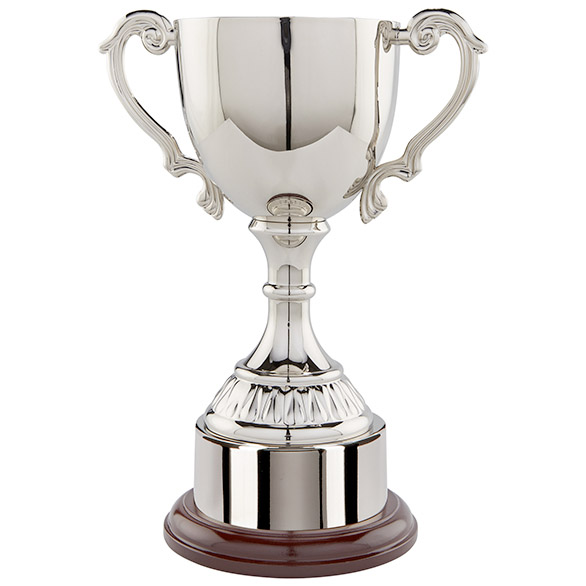 320mm Nickel Plated ornate handled cup with nickel plated band on mahogany base