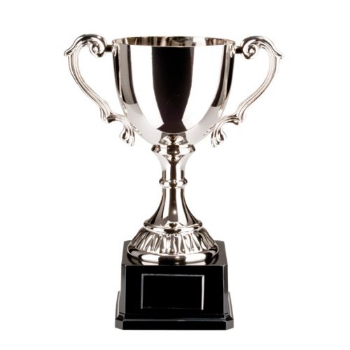 330mm Nickel Plated ornate handled cup on black heavyweight base