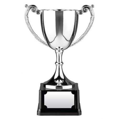 10.25" Nickel plated Ornate Handled Cup on black heavyweight bakelite base