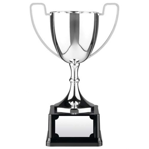 10.25" Nickel plated Straight Handled Cup on black heavyweight bakelite base