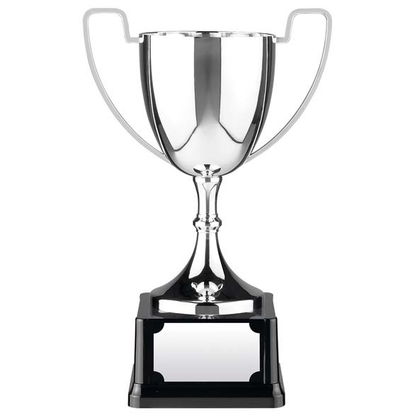10.25" Nickel plated Straight Handled Cup on black heavyweight bakelite base